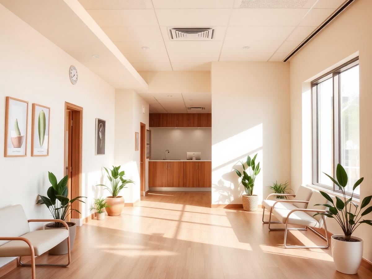 Bright welcoming clinic reception with plants and warm natural light